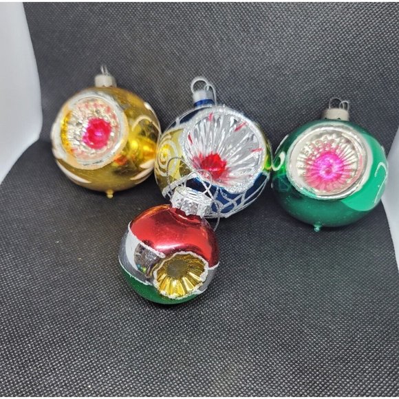 4 Vintage assorted indent Glass Christmas Tree Ornaments made in USA glitter - Picture 1 of 13